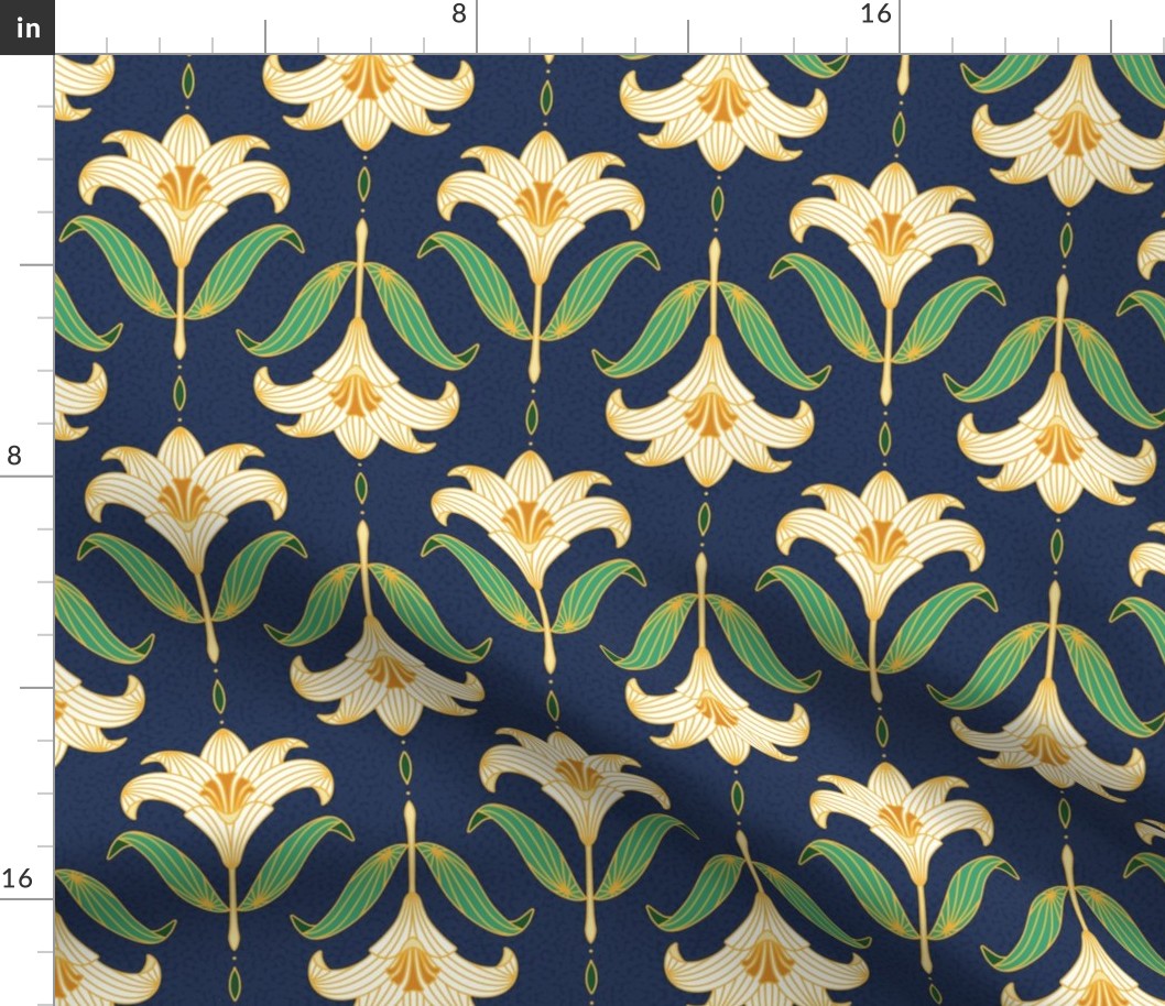 Small scale / Cream and green art nouveau lilies on navy blue / Vintage Victorian ornate damask golden yellow line art lily florals / off white ivory beige mustard yellow boho leaves flowers moody dark background spa decor