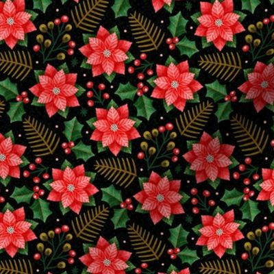 Small scale / Christmas Poinsettias in red and green on black / botanicals with rustic winter flowers spruce leaves holly berries fir maximalist florals / festive natural Christmas holiday