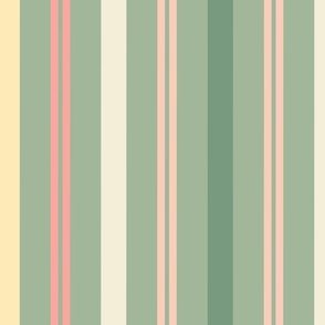 Cottage stripe green, yellow, pink, cream wallpaper 