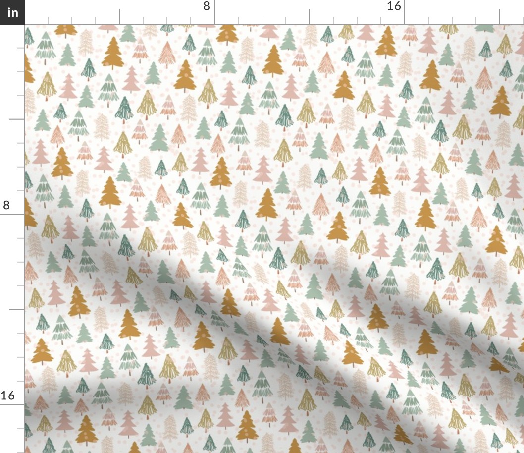 Christmas forest trees in pink, brown, mustard/gold, green 6x6