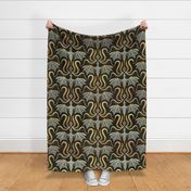 Whimsical dragon creatures // large jumbo scale // black background metallic golden texture and grey green fantastic magical legendary beasts folklore decorative arts inspiration halloween whimsigothic wallpaper