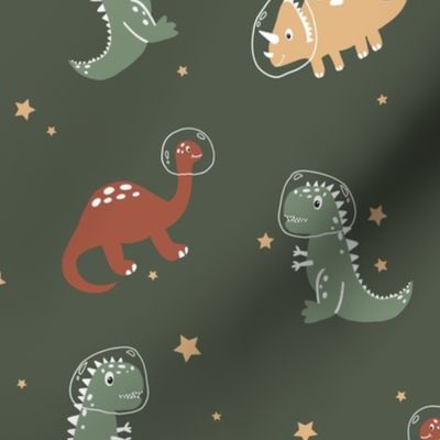 Large astronaut dinosaurs in outer spcae on army green with earth tone dinos