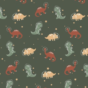 Large astronaut dinosaurs in outer spcae on army green with earth tone dinos