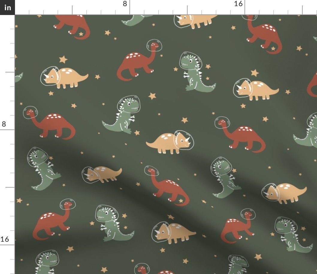 Large astronaut dinosaurs in outer spcae on army green with earth tone dinos