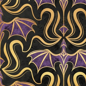 Large jumbo scale // Whimsical dragon creatures // black background metallic golden texture and violet fantastic magical legendary beasts folklore decorative arts inspiration halloween whimsigothic wallpaper 