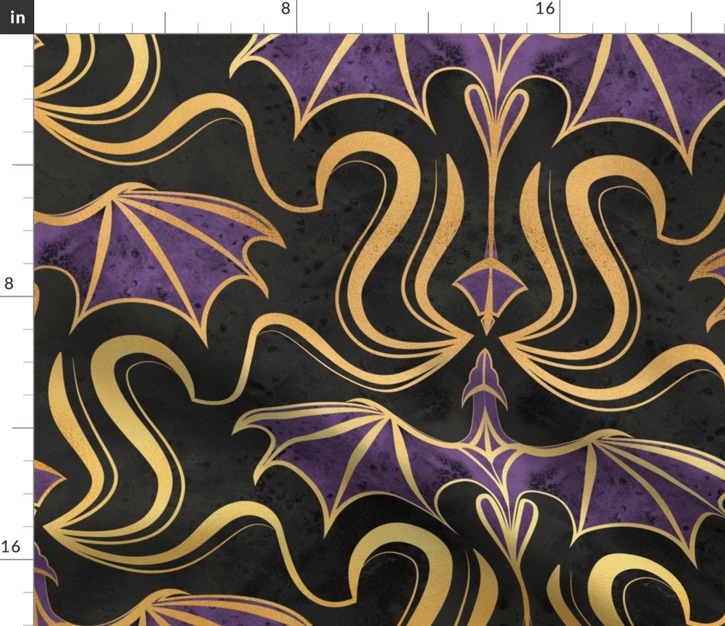 Large jumbo scale // Whimsical dragon creatures // black background metallic golden texture and violet fantastic magical legendary beasts folklore decorative arts inspiration halloween whimsigothic wallpaper 