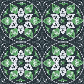 (M) floral ornaments Greek style boho in green and white on black