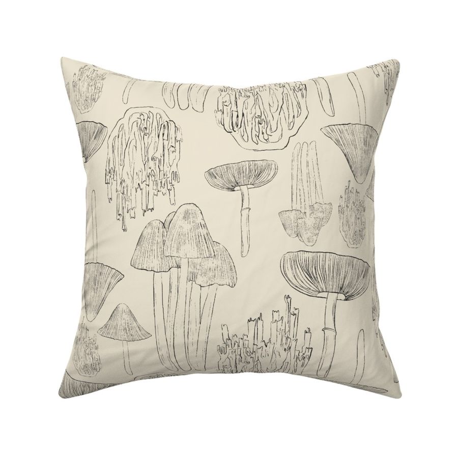 woodland sketched mushrooms black and ivory white - line art style