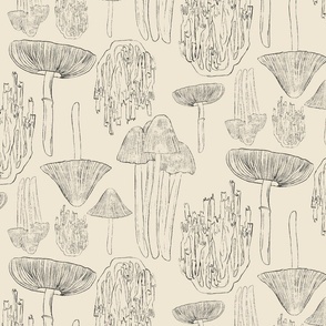 mushrooms in black on ivory background - line art style - cottagecore style
