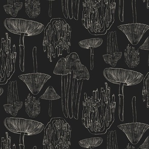 mushrooms in white on black background - line art style - cottagecore style