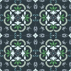 (M) floral medallions Greek style boho in green, white and grey on black