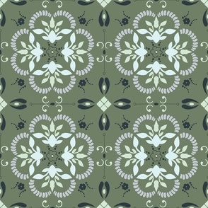 (M) boho Greek style geometric floral ornaments in grey, white, black on moss green