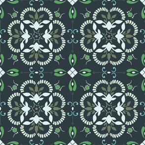 (M) boho Greek style geometric floral medallions in white, moss green, green, blue on black