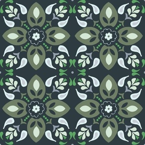 (M) boho Greek style geomtric floral medallions in moss green, grey, green on black