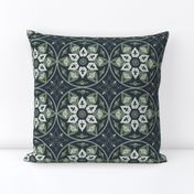 (M) floral medallions Greek style in moss green on black