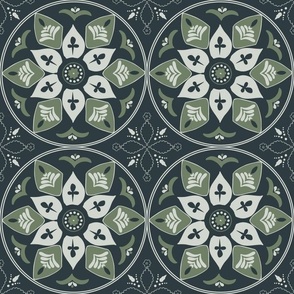 (M) floral medallions Greek style in moss green on black