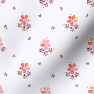 402 - Small scale soft watercolor florals  in pale reds, corals, purple and yellows in a sprigged muslin style, for vintage baby and nursery accessories, wallpaper, cot sheets, baby dresses, tops and apparel in general 