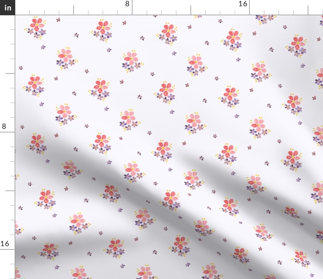402 - Small scale soft watercolor florals  in pale reds, corals, purple and yellows in a sprigged muslin style, for vintage baby and nursery accessories, wallpaper, cot sheets, baby dresses, tops and apparel in general 