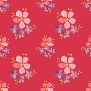 402 - Small scale  joyful zingy raspberry pink with pretty watercolour violas, vintage pansies, cosmos - for children's apparel, Sunday dresses, sweet baby apparel, tablecloths, table runners and placemats.