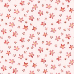 401 - Small scale delicate coral pink  cosmos florals, for kids vintage apparel, nursery wallpaper, cot sheets, girl tops and dresses, and feminine tablecloths, table runners, placemats and napkins.