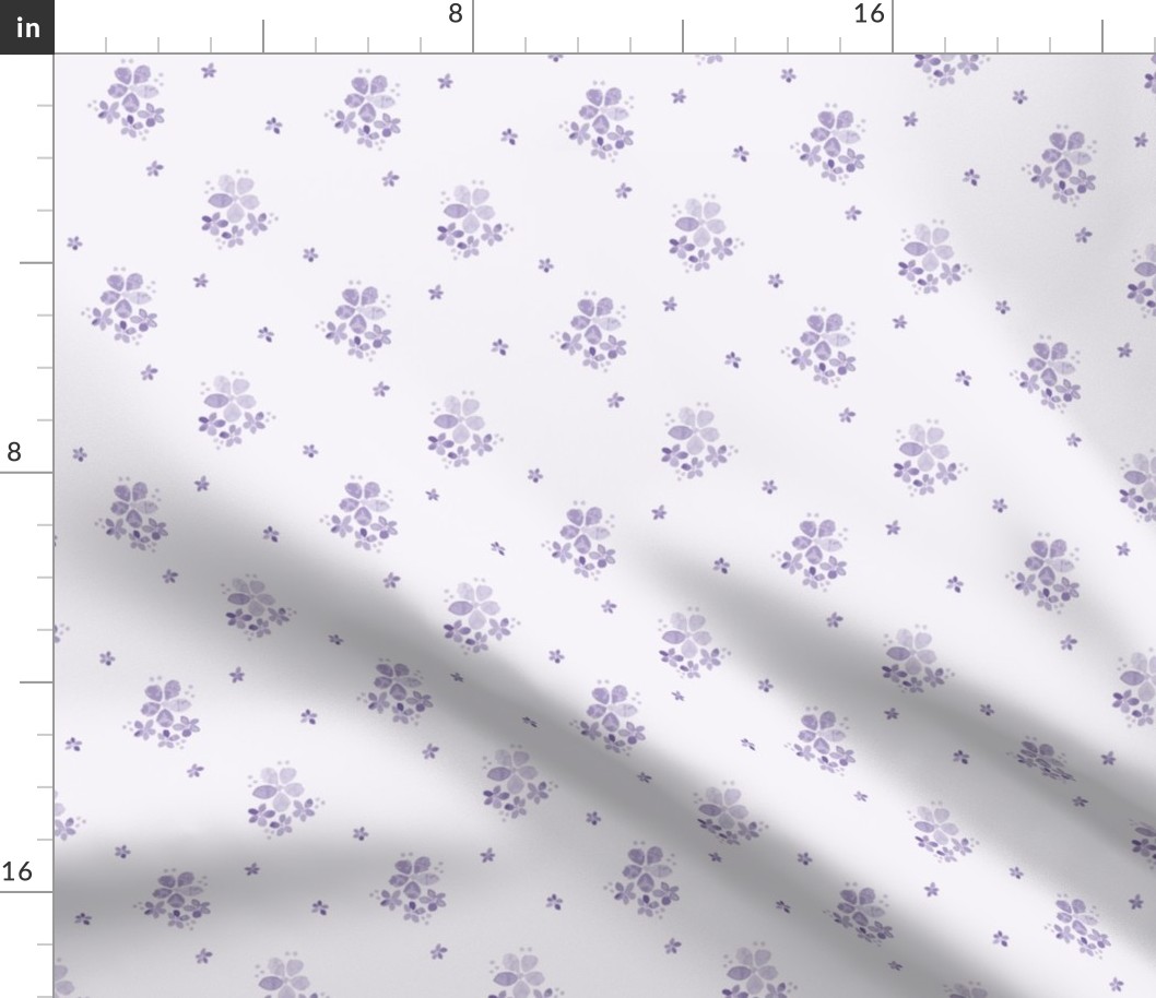 402 - Small scale gentle washed violet mauve lavender with monochromatic watercolor florals in a vintage sprigged muslin style, for baby and nursery accessories, wallpaper, cot sheets, baby dresses, tops and apparel in general 