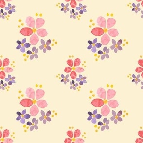 402 - Small scale  soft pale pastel yellow with pretty watercolour vintage violas, pansies, cosmos - for children's apparel, Sunday dresses, sweet baby apparel, tablecloths, table runners and placemats.