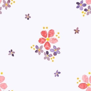 402 - Large scale soft watercolor florals  in pale reds, corals, purple and yellows in a sprigged vintage muslin style, for baby and nursery accessories, wallpaper, cot sheets, baby dresses, tops and apparel in general 