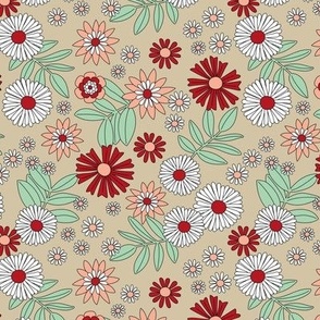 Christmas floral - seasonal palette flowers and leaves daisies and lilies winter garden blush red mint on beige