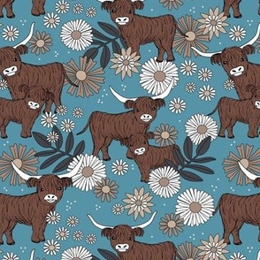 Highland cows - scottish wild hairy cattle longhorn cow british animals with flowers and leaves retro garden design gray brown on moody blue