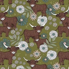 Highland cows - scottish wild hairy cattle longhorn cow british animals with flowers and leaves retro garden design teal blush green olive