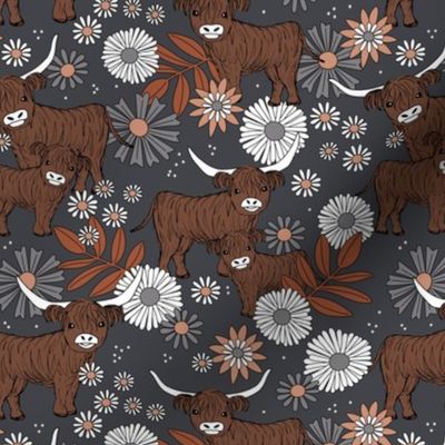 Highland cows - scottish wild hairy cattle longhorn cow british animals with flowers and leaves retro garden design seventies gray brown rust orange vintage palette