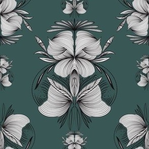 Dark green insects and florals, geometric patterns.