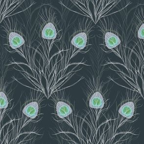 Hand Drawn Peacock Feathers Dark Grey, Green And Off White Medium