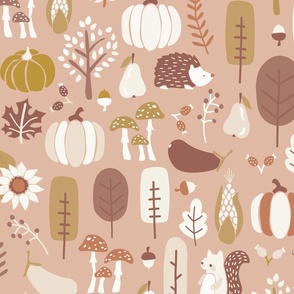 Thanksgiving Fall Holiday: Autumn Nature Pattern Earthy Colors Pumpkin Woodland Creatures - L