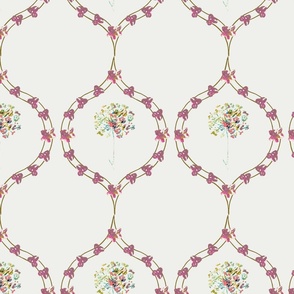Floral Ogee - Petite Flowers - Offwhite Eggshell - Raspberry Pink - Hand Painted 