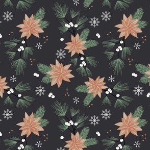 Christmas vines and berries holiday blossom flowers and snowflakes botanical seasonal mistletoe and poinsettia flower caramel tan beige white on charcoal gray seventies palette 