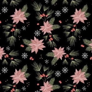Christmas vines and berries holiday blossom flowers and snowflakes botanical seasonal mistletoe and poinsettia flower night blush pink red olive green on black night