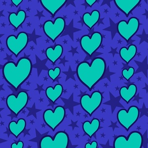 L - Blue Hearts & Stars – Bright Blue & Aqua Valentines Love Heart Stripe