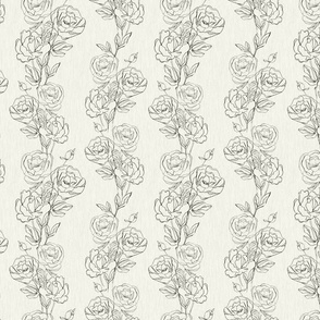 Black Floral Stripe Fabric Mid Scale - Hand Drawn Roses - black, ivory flowers