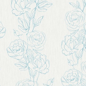 Light blue and white flowers,  line art, roses, texture, delicate, minimal - Large Scale