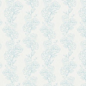 Light Blue Roses, Line Drawn Flowers, Vertical Floral Stripe, Textured Look, Ecru White