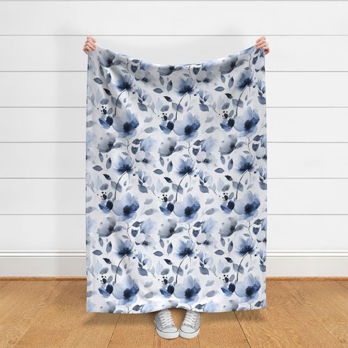 Loose Watercolor Flower And Foliage Pattern In Pastel And Navy Blue