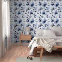 Loose Watercolor Flower And Foliage Pattern In Pastel And Navy Blue