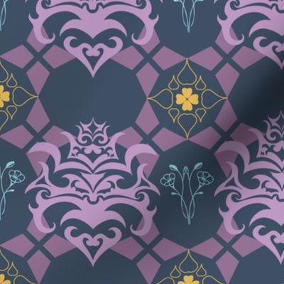 Whimsigothic Wallpaper Diamond Heart Floral with a Dark Blue Background