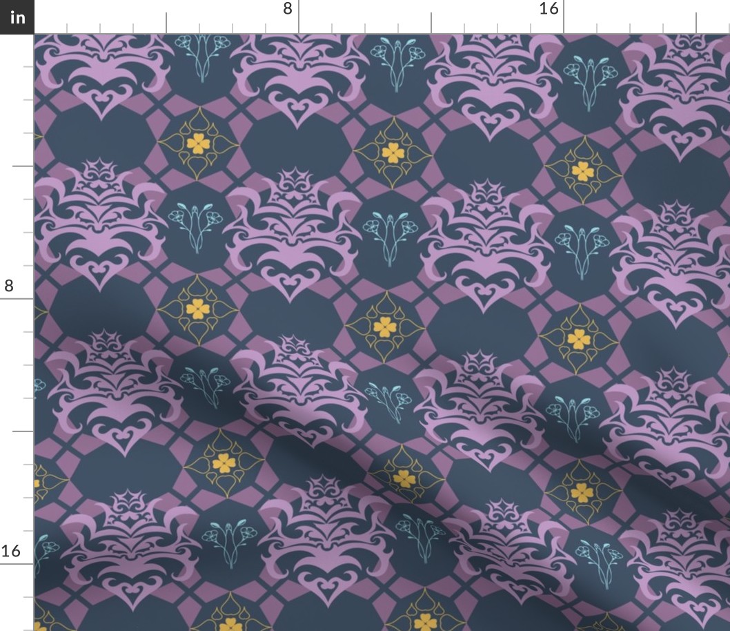 Whimsigothic Wallpaper Diamond Heart Floral with a Dark Blue Background