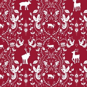 Scandinavian Folk Line Art Reindeer and Doves in Crimson Red and White