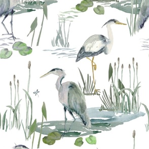 Coastal Blue Herons - Large Sea Birds on White - Light Coastal - Large Scale 