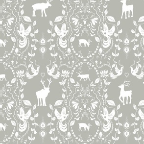 Scandinavian Folk Line Art Reindeer and Doves in Silver Grey and White