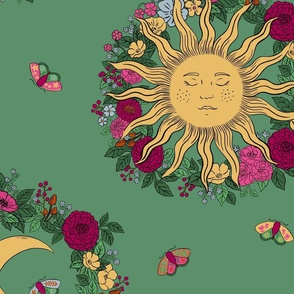 Large - Sun moon and flowers - Woodland Green - Celestial magical floral - boho Whimsigothic witch lunar sky fabric - moths and flower wreaths