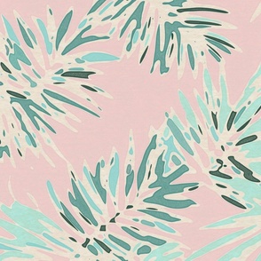 Tropical Palm Leaves Abstract Pale Pink Teal and Green